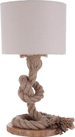 Load image into Gallery viewer, A beige table lamp with a unique design featuring a jute and linen fabric shade and a twine-like cord.
