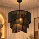 Load image into Gallery viewer, Black cascading rope chandelier with warm lighting