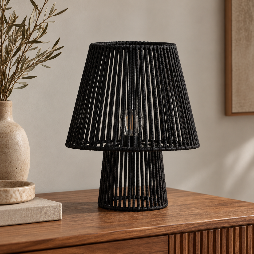Black rope table lamp, lights off