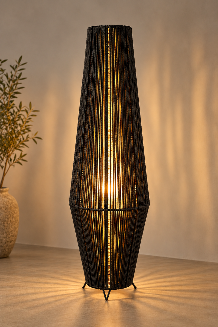 Black rope floor lamp illuminated warm studio photo