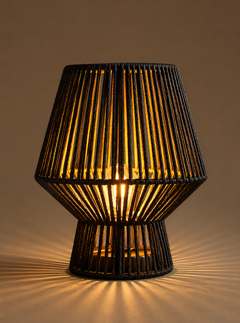 Sahara black table lamp lights on
