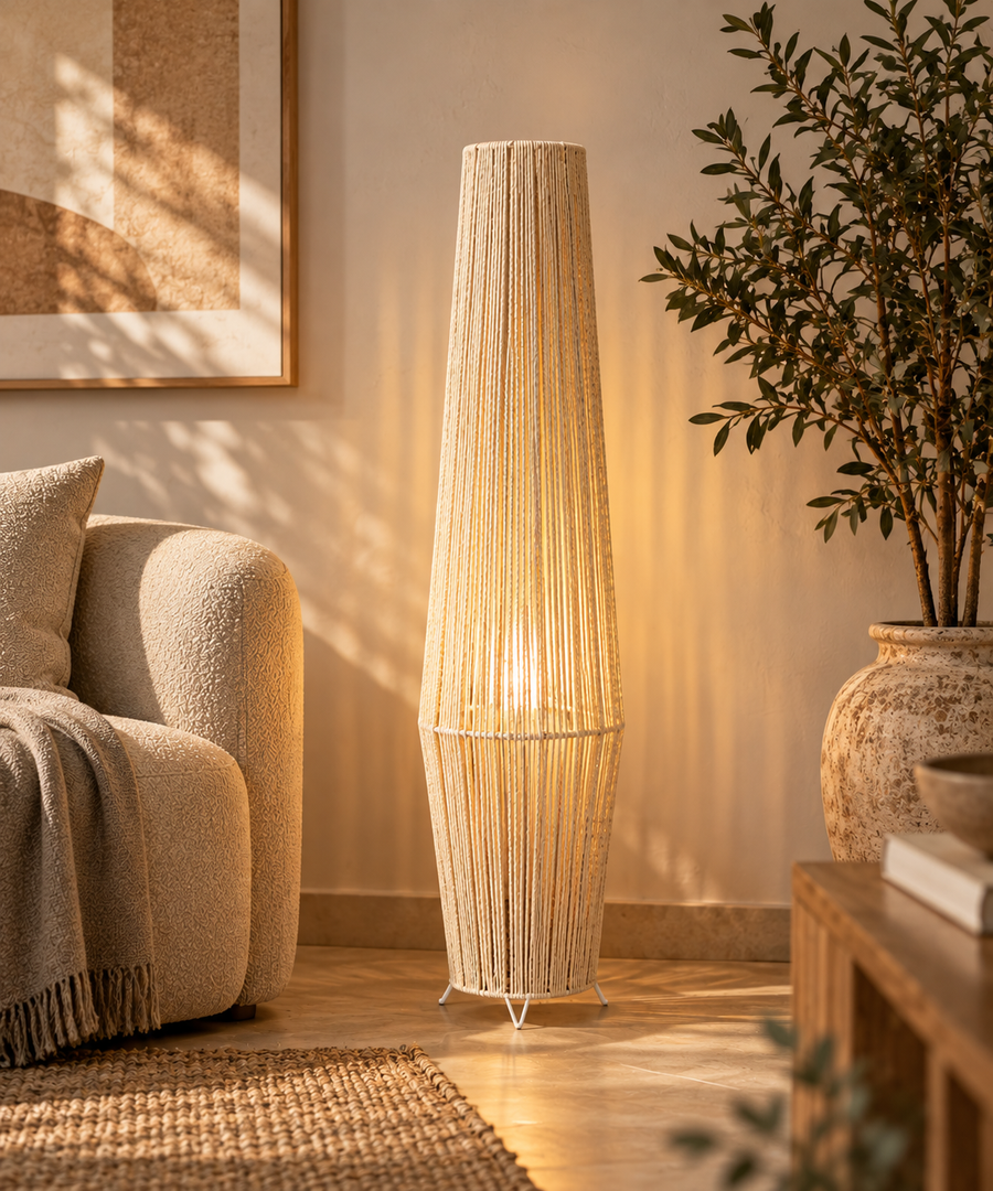 Off-white rope floor lamp - lights on