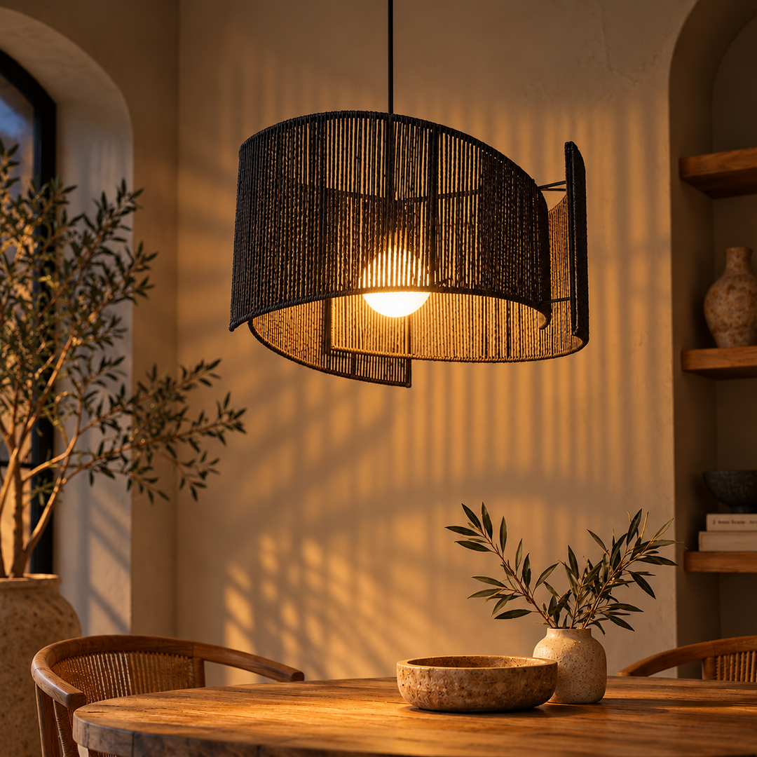 Spiral Rope Pendant Light Black - lights on